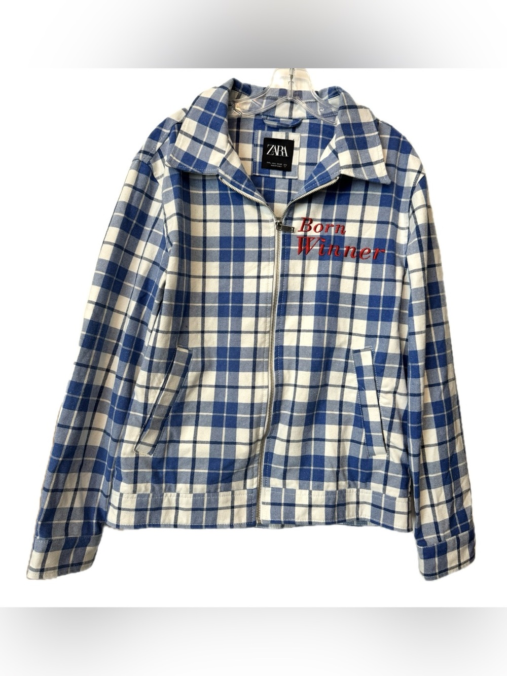 Zara Born Winner Embroidered Blue Plaid Zip Jacket Size M/L